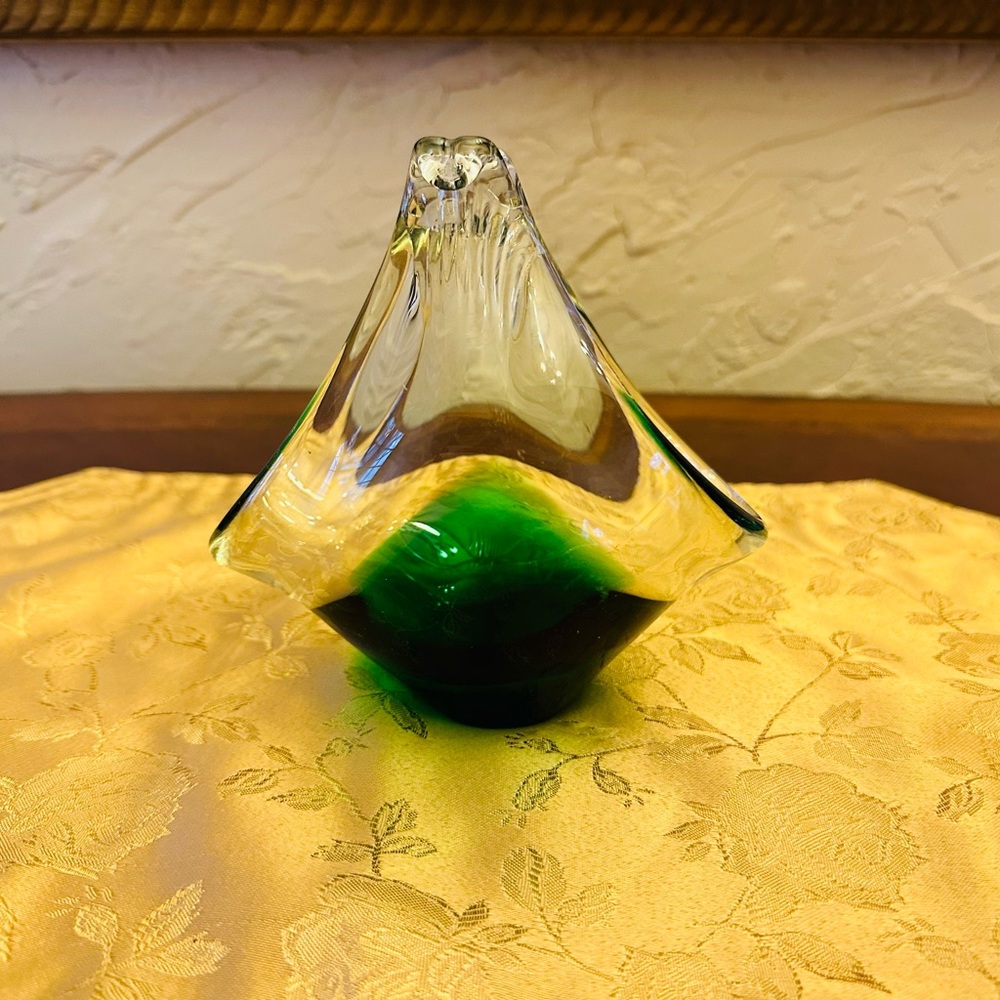 Elegant Hand Blown Glass accent dish in Clear, Green, & Dk. Blue